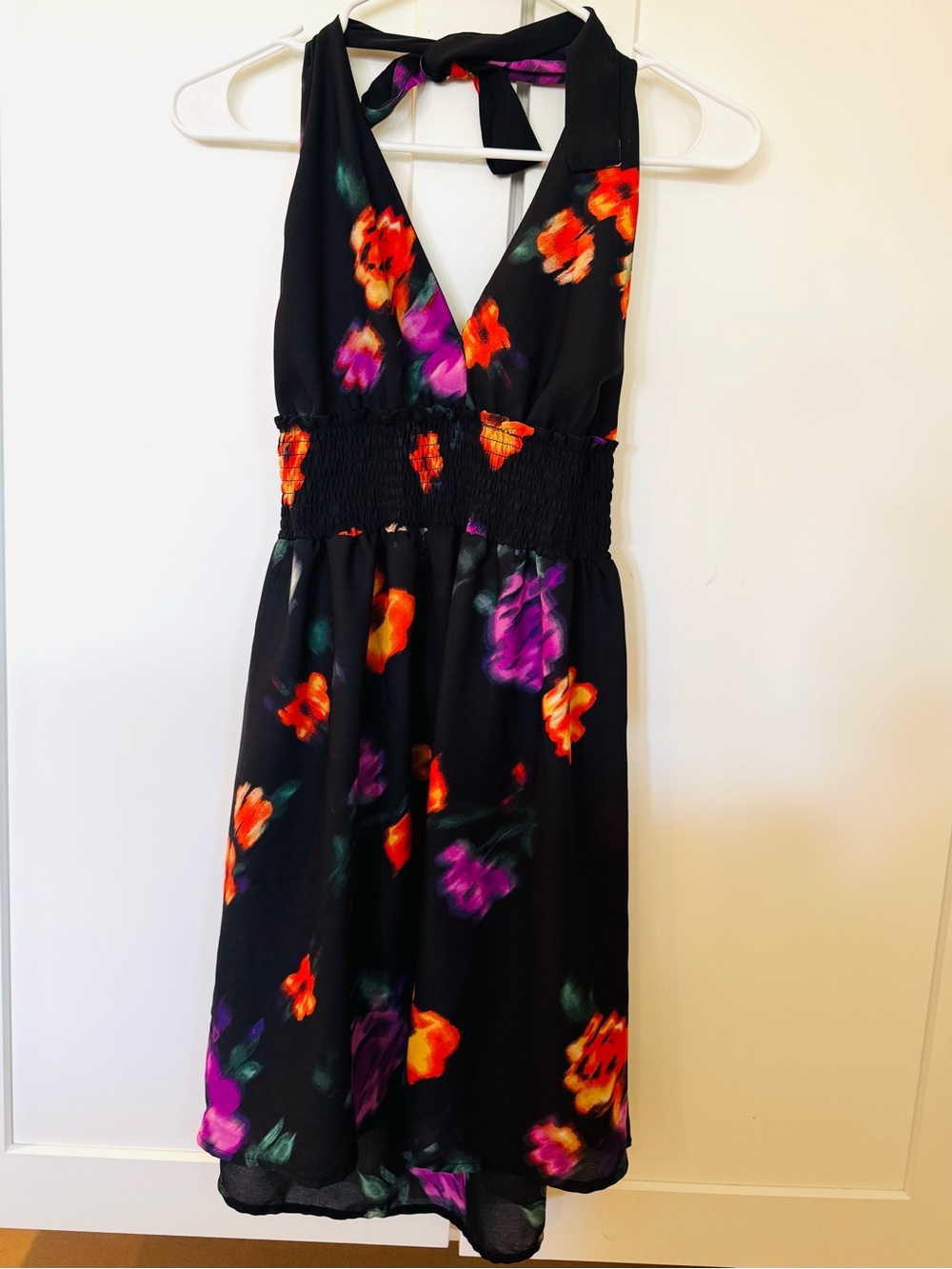Backless Black Floral Halter Dress with Smocked Waist - Picture 1 of 3